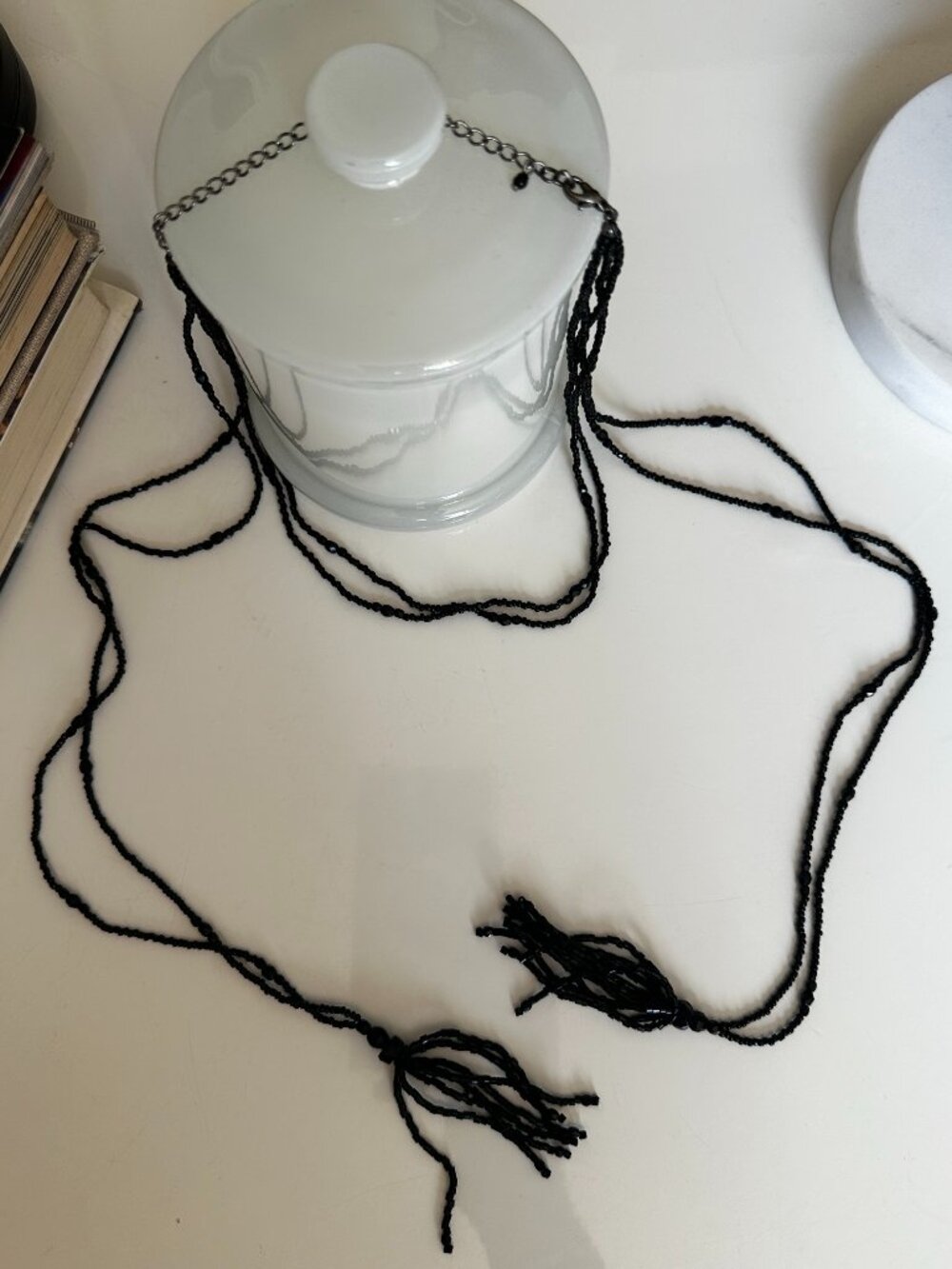 Black Seed Bead Lariat Choker Necklace Dual Chain Tassel Drop